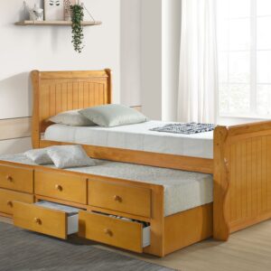 Captain Bed Featuring Trundle Bed and 3 Drawers -  Oak