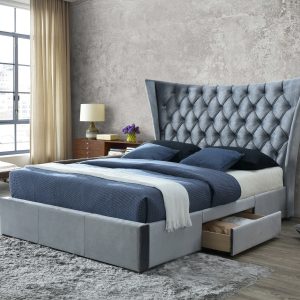 Orella Silver or Light Grey 2 Side Drawers Fabric Bed